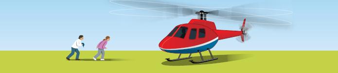 Jaga pakaian dan tutup kepala agar tidak terbang tertiup angin yang datang dari rotor. Jangan mengejar pakaian/topi yang terbang tertiup angin.