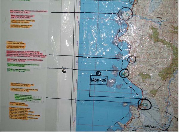 Lokasi penemuan serpihan pesawat dan benda-benda lain.